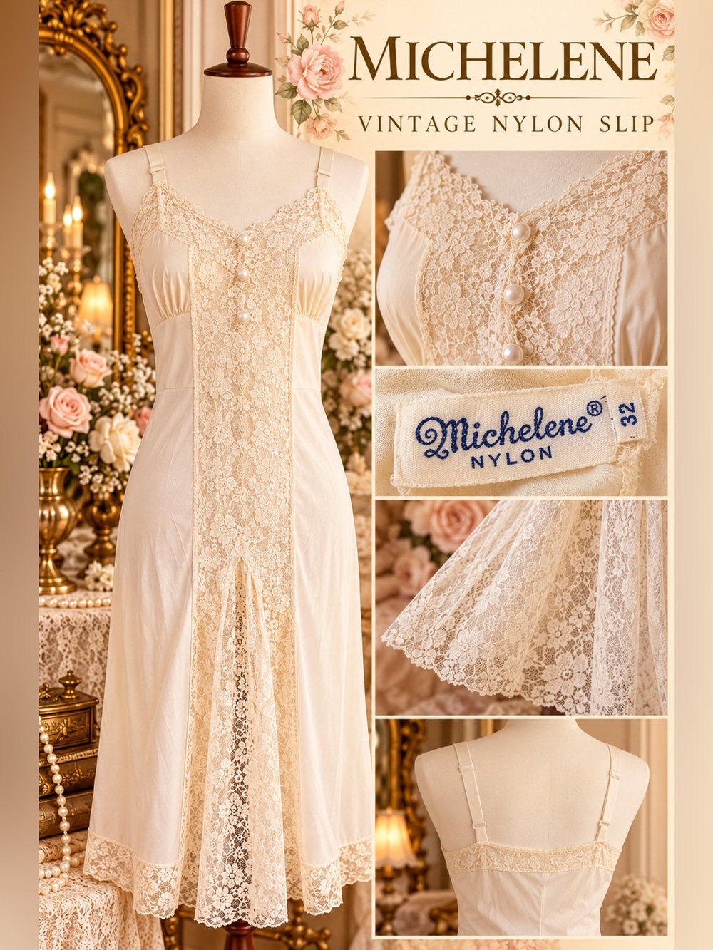 Vintage 1960s Michelene Nylon Lace Slip • Size 32 XS/S • Romantic Lingerie